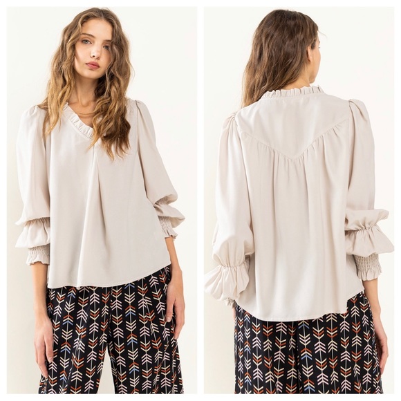 38 Boho Solid Woven Ruffle Smocking Long Sleeve Top - Picture 4 of 7